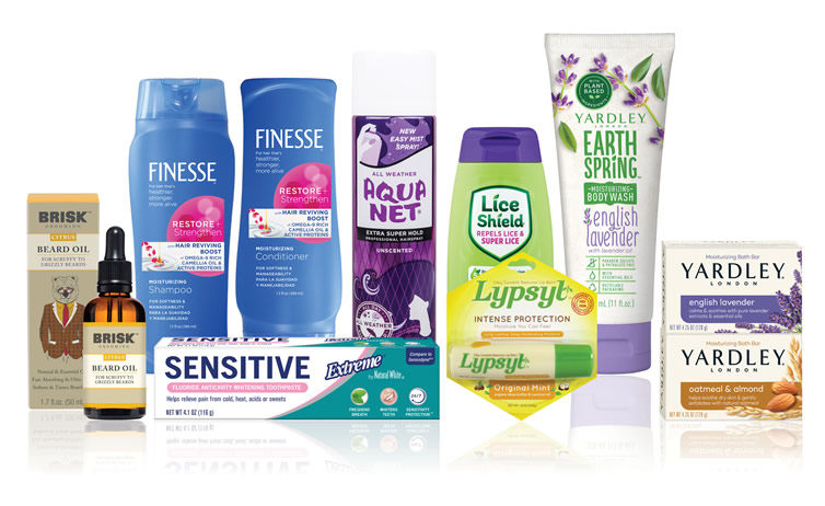 Lornamead full line product shot. Instrumental Beauty, Finesse, AquaNet, Lice Shield, Lypsyl, Yardley, Oral Care.